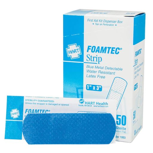 1" x 3" Blue Foam Metal Detectable Adhesive Bandages - 50 per Box