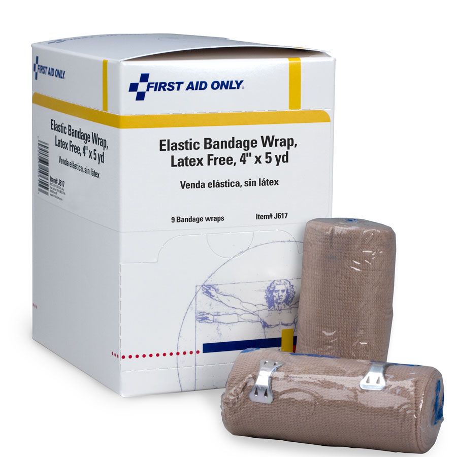 4" Latex-Free Elastic Bandage Wrap with 2 Fasteners - 9 Per Box